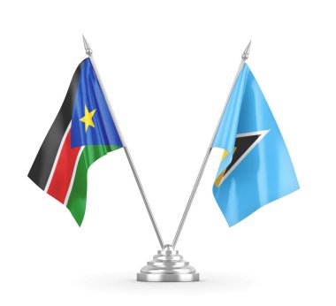 Saint Lucia ve Güney Sudan masa bayrakları beyaz 3D görüntüleme üzerinde izole