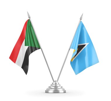 Saint Lucia ve Sudan masa bayrakları beyaz 3D görüntüleme üzerinde izole
