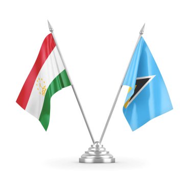 Saint Lucia ve Tacikistan masa bayrakları beyaz 3D görüntüleme üzerinde izole