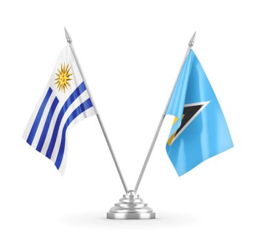 Saint Lucia ve Uruguay masa bayrakları beyaz 3D görüntüleme