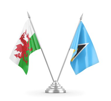 Saint Lucia ve Galler masa bayrakları beyaz 3D görüntüleme üzerinde izole