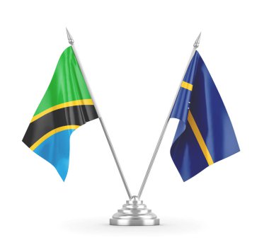 Nauru ve Tanzanya masa bayrakları beyaz 3D görüntüleme üzerinde izole