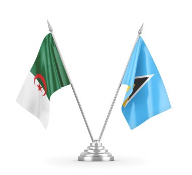 Saint Lucia ve Cezayir masa bayrakları beyaz 3D görüntüleme üzerinde izole
