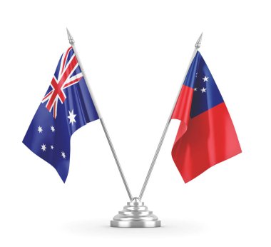 Samoa ve Avustralya masa bayrakları beyaz 3D görüntüleme üzerinde izole