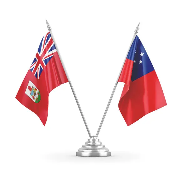 Banderas de mesa Samoa y Bermudas aisladas en renderizado 3D blanco — Foto de Stock