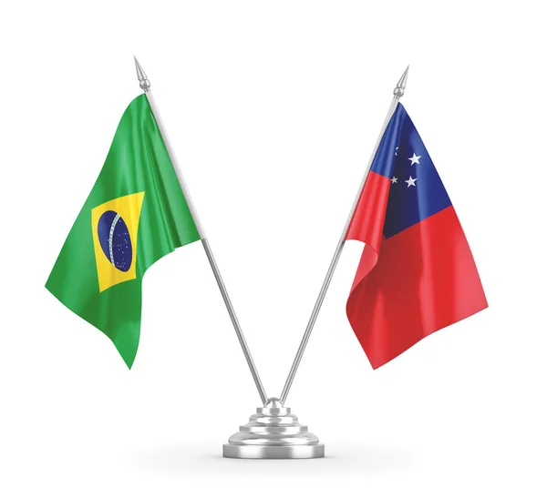 Banderas de mesa Samoa y Brasil aisladas en renderizado 3D blanco — Foto de Stock