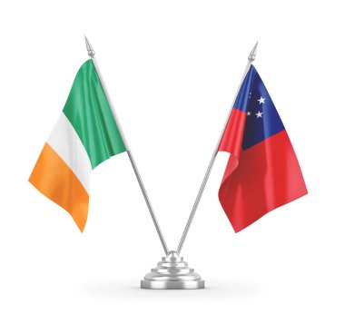 Samoa ve İrlanda masa bayrakları beyaz 3D görüntüleme üzerinde izole