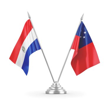 Samoa ve Paraguay masa bayrakları beyaz 3D görüntüleme üzerinde izole edildi