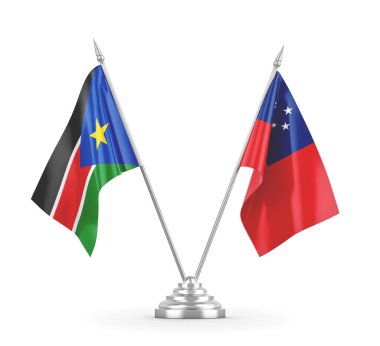 Samoa ve Güney Sudan masa bayrakları beyaz 3D görüntüleme üzerinde izole