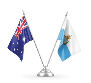 San Marino ve Avustralya masa bayrakları beyaz 3D görüntüleme üzerinde izole