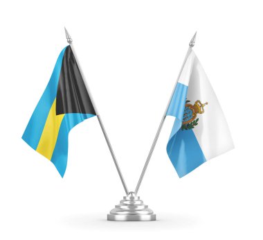 San Marino ve Bahamalar masa bayrakları beyaz 3D görüntüleme üzerinde izole
