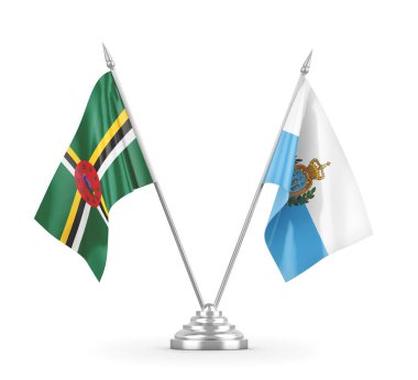 San Marino ve Dominica masa bayrakları beyaz 3D görüntüleme üzerinde izole edildi