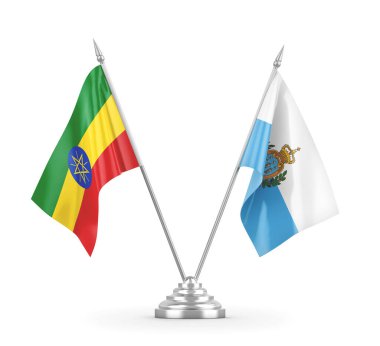 San Marino ve Etiyopya masa bayrakları beyaz 3D görüntüleme
