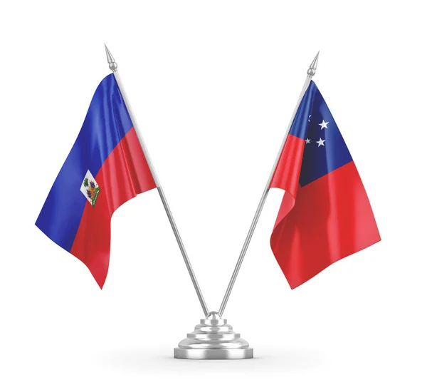 Bandeiras de mesa Samoa e Haiti isoladas em renderização 3D branca — Fotografia de Stock