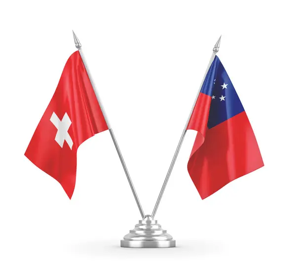 Samoa és Svájc asztali zászlók elszigetelt fehér 3D renderelés — Stock Fotó