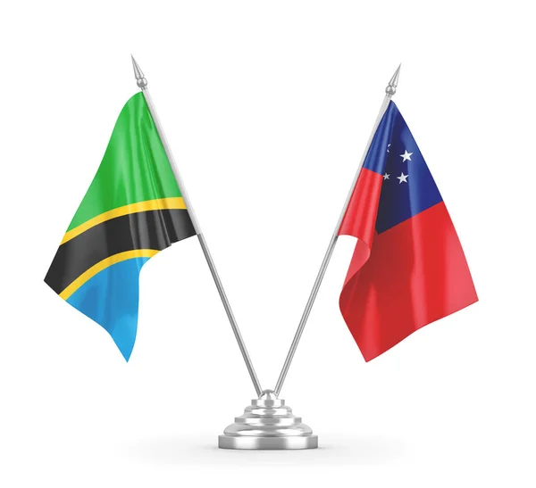 Σημαίες πίνακα της Σαμόα και της Τανζανίας απομονωμένες σε λευκό 3D απόδοση — Φωτογραφία Αρχείου