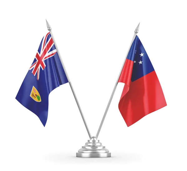 Banderas de mesa Samoa y Islas Turcas y Caicos aisladas en renderizado 3D blanco — Foto de Stock