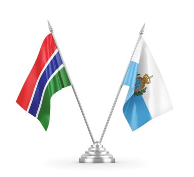 San Marino ve Gambiya masa bayrakları beyaz 3D görüntüleme üzerinde izole