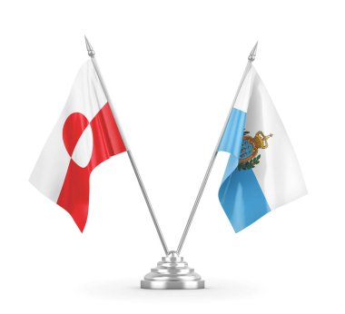 San Marino ve Grönland masa bayrakları beyaz 3D görüntüleme üzerinde izole