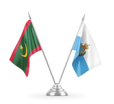 San Marino ve Moritanya masa bayrakları beyaz 3D görüntüleme