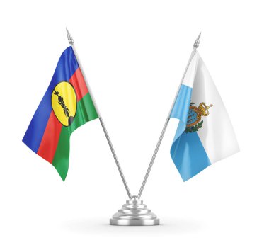 San Marino ve Yeni Kaledonya masa bayrakları beyaz 3D görüntüleme üzerinde izole