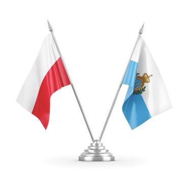 San Marino ve Polonya masa bayrakları beyaz 3D görüntülerde izole edildi