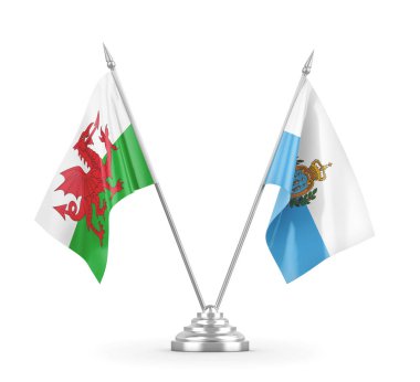 San Marino ve Galler masa bayrakları beyaz 3D görüntüleme üzerinde izole