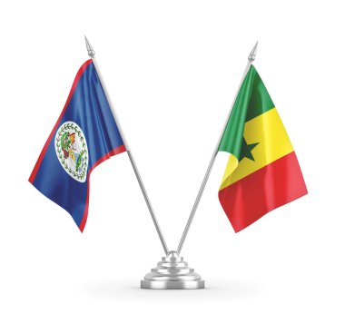 Senegal ve Belize masa bayrakları beyaz 3D görüntüleme üzerinde izole