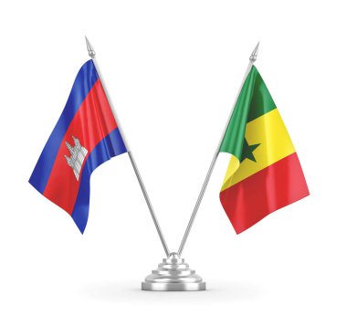 Senegal ve Kamboçya masa bayrakları beyaz 3D görüntüleme üzerinde izole edildi