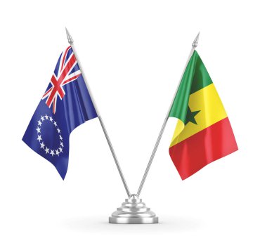 Senegal ve Cook Adaları masa bayrakları beyaz 3D görüntüleme üzerinde izole