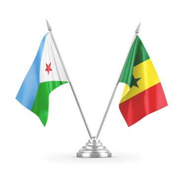 Senegal ve Cibuti masa bayrakları beyaz 3D görüntüleme üzerinde izole edildi