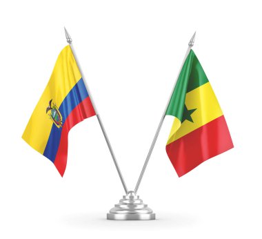 Senegal ve Ekvador masa bayrakları beyaz 3D görüntüleme üzerinde izole