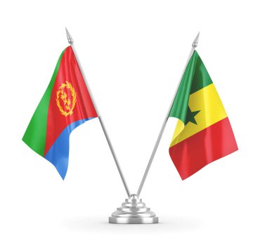 Senegal ve Eritre masa bayrakları beyaz 3D görüntüleme üzerinde izole edildi
