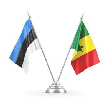 Senegal ve Estonya masa bayrakları beyaz 3D görüntüleme üzerinde izole edildi