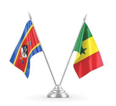 Senegal ve Eswatini Svaziland masa bayrakları beyaz 3D görüntüleme