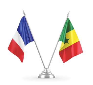 Senegal ve Fransa masa bayrakları beyaz 3D görüntüleme üzerinde izole edildi