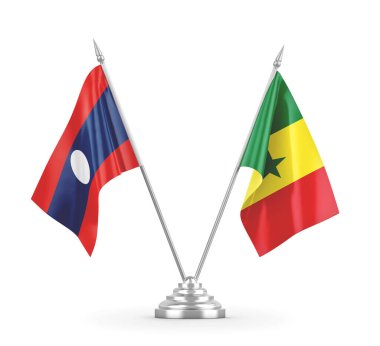 Senegal ve Laos masa bayrakları beyaz 3D görüntüleme üzerinde izole edildi.