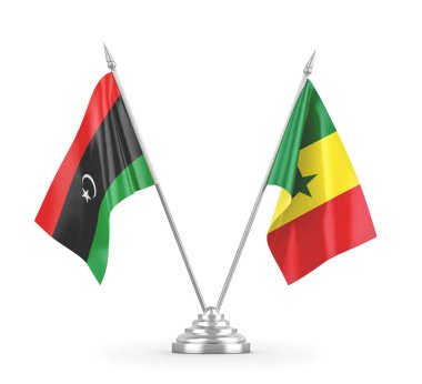 Senegal ve Libya masa bayrakları beyaz 3D görüntüleme üzerinde izole edildi
