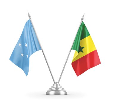Senegal ve Mikronezya masa bayrakları beyaz 3D görüntüleme üzerinde izole
