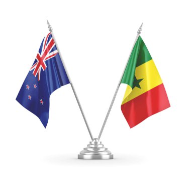 Senegal ve Yeni Zelanda masa bayrakları beyaz 3D görüntüleme üzerinde izole edildi