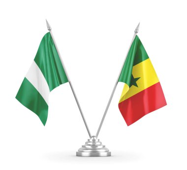 Senegal ve Nijerya masa bayrakları beyaz 3D görüntüleme üzerinde izole edildi