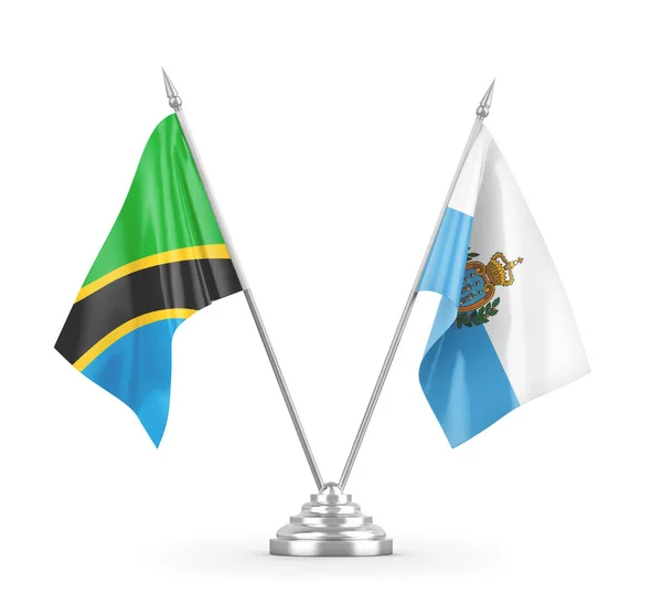 Banderas de mesa de San Marino y Tanzania aisladas en renderizado 3D blanco — Foto de Stock