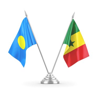 Senegal ve Palau masa bayrakları beyaz 3D görüntüleme üzerinde izole