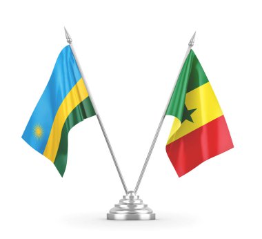 Senegal ve Ruanda masa bayrakları beyaz 3D görüntüleme üzerinde izole edildi