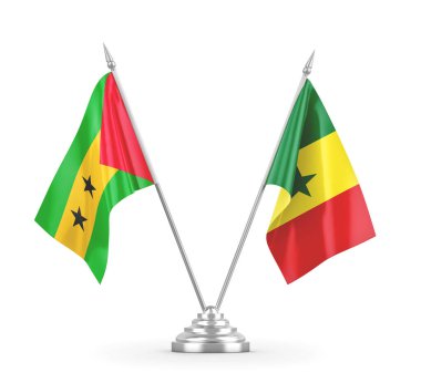 Senegal ve Sao Tome ve Principe masa bayrakları beyaz 3D görüntüleme