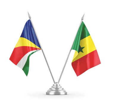 Senegal ve Seyşeller masa bayrakları beyaz 3D görüntüleme üzerinde izole