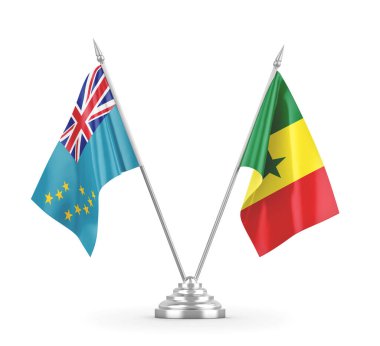 Senegal ve Tuvalu masa bayrakları beyaz 3D görüntüleme üzerinde izole edildi