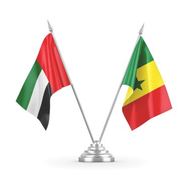 Senegal ve Birleşik Arap Emirlikleri masa bayrakları beyaz 3D görüntüleme üzerinde izole