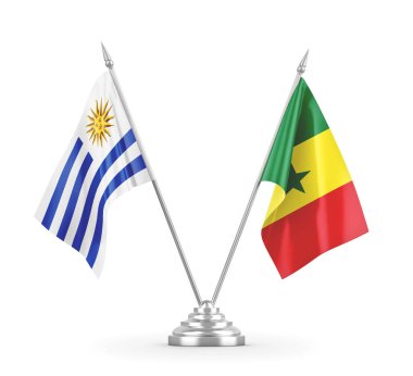 Senegal ve Uruguay masa bayrakları beyaz 3D görüntüleme üzerinde izole edildi