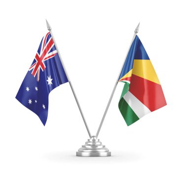 Seyşeller ve Avustralya masa bayrakları beyaz 3D görüntüleme üzerinde izole